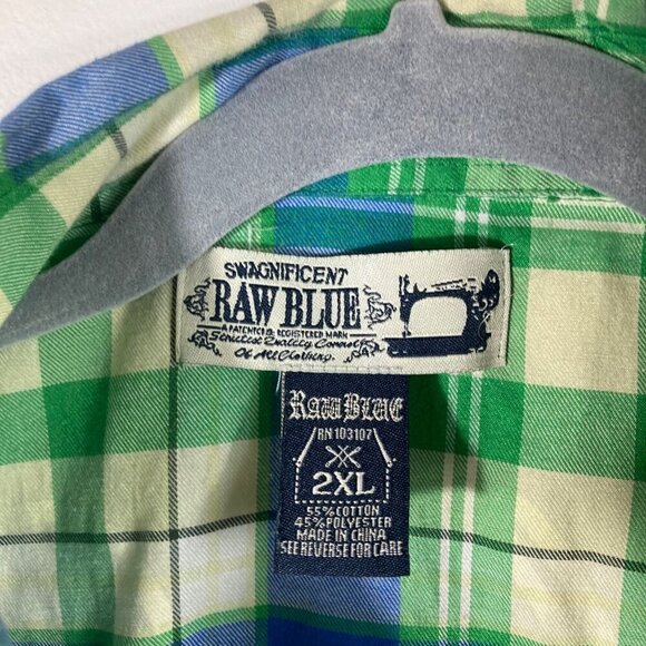 Mens Raw Blue Fearless Rebel Shirt Button Plaid Short Sleeve Embroidered 2XL - Picture 9 of 9
